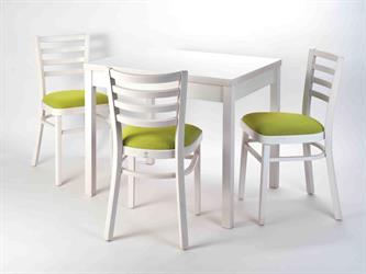 dýhovaný stůl Hubert 90x70cm, jídelní židle dřevěná Selima P 2015, barva moření dřeva bílá iW Dense, látka Lino, český výrobce nábytku Sádlík